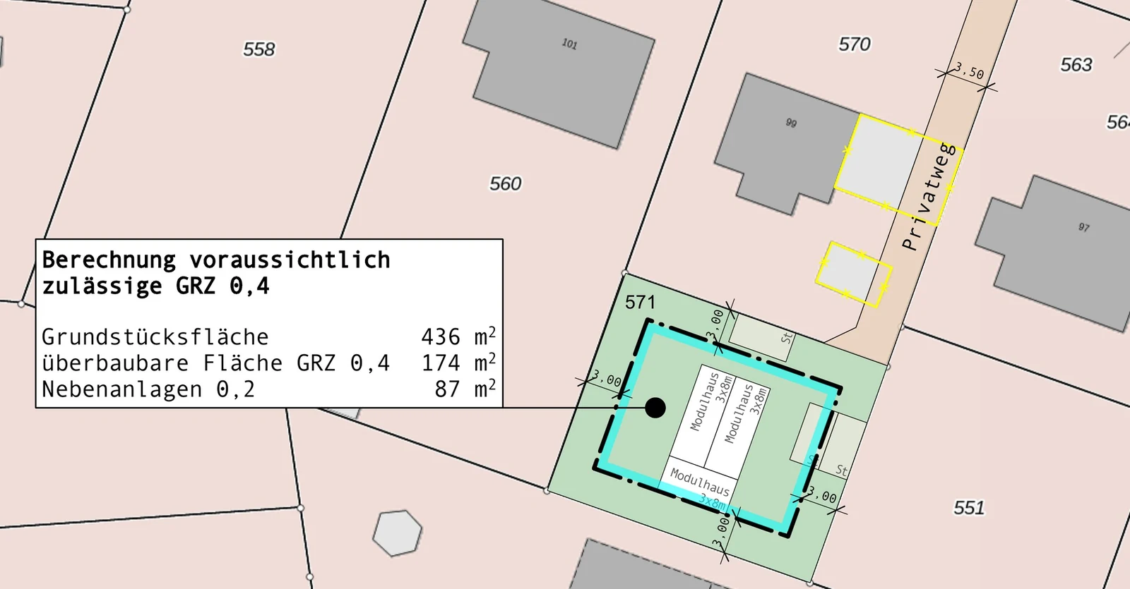 Beispiel einer Bebauungsanalyse: Lageplan mit Baugrenze, möglicher Hausposition und GRZ-Berechnung