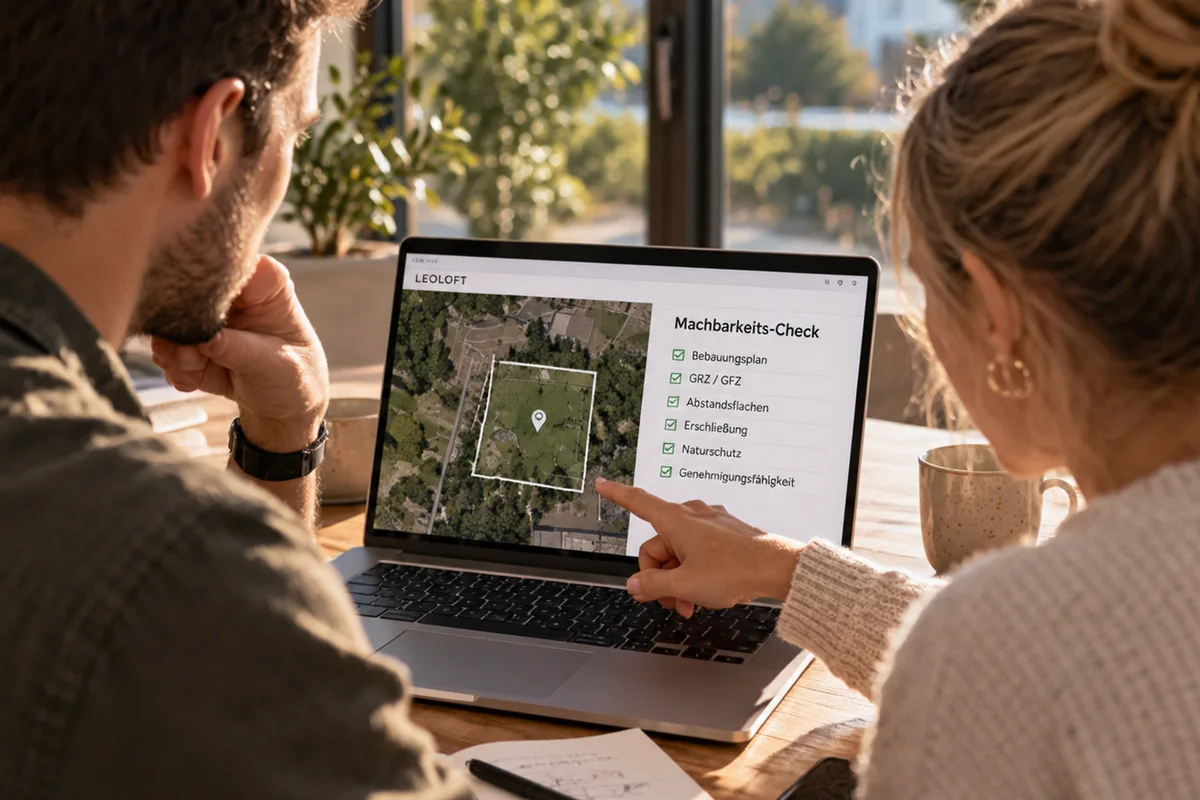 Paar prüft am Laptop die Machbarkeit für ein LEOLOFT auf seinem Grundstück