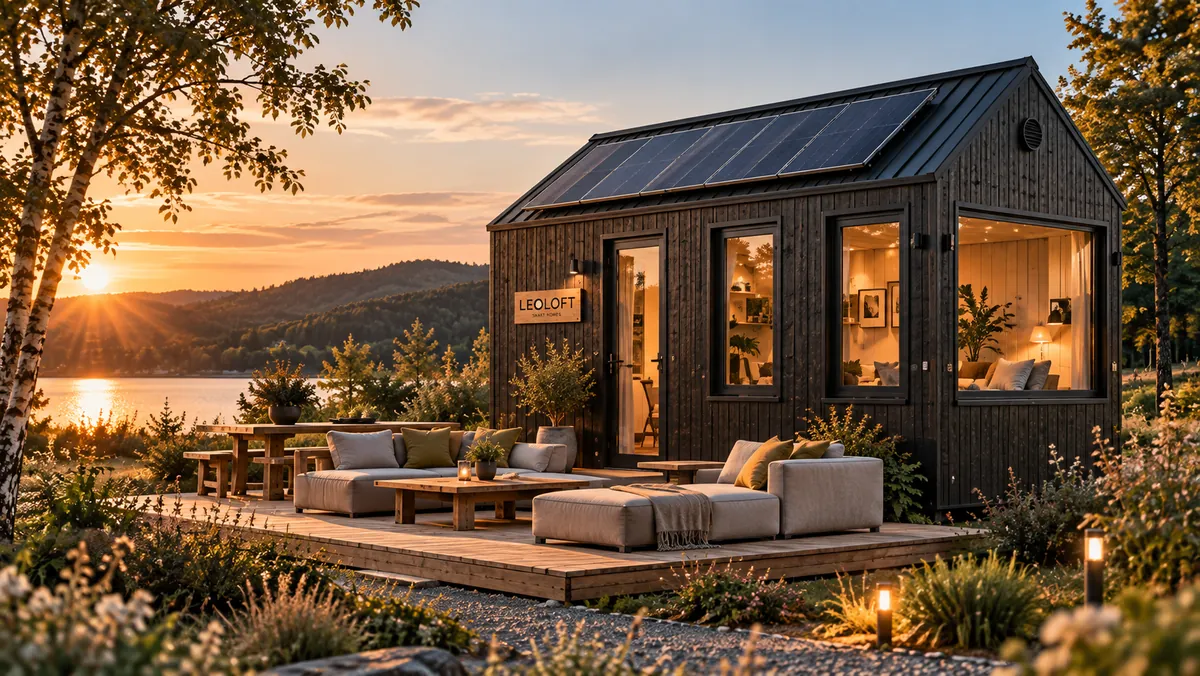 Dunkles LEOLOFT-Ferienhaus mit Lounge-Terrasse am See bei Sonnenuntergang