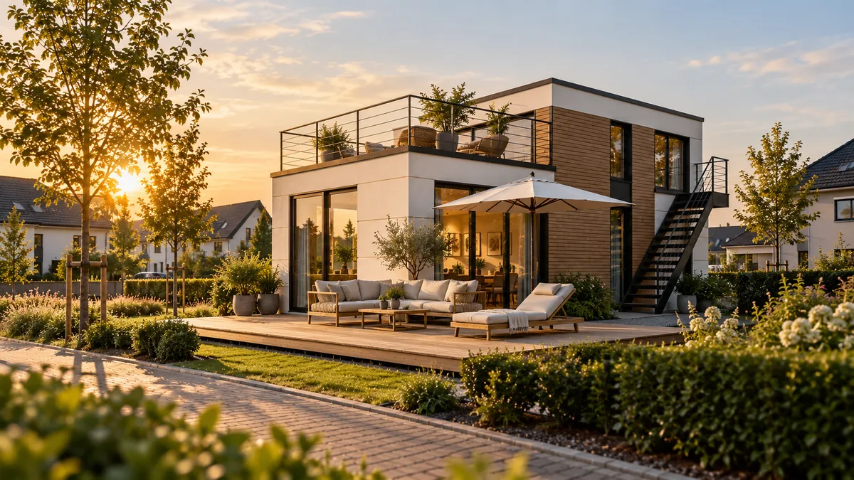 Modernes LEOLOFT-Wohnhaus mit Dachterrasse und Holzterrasse im Abendlicht