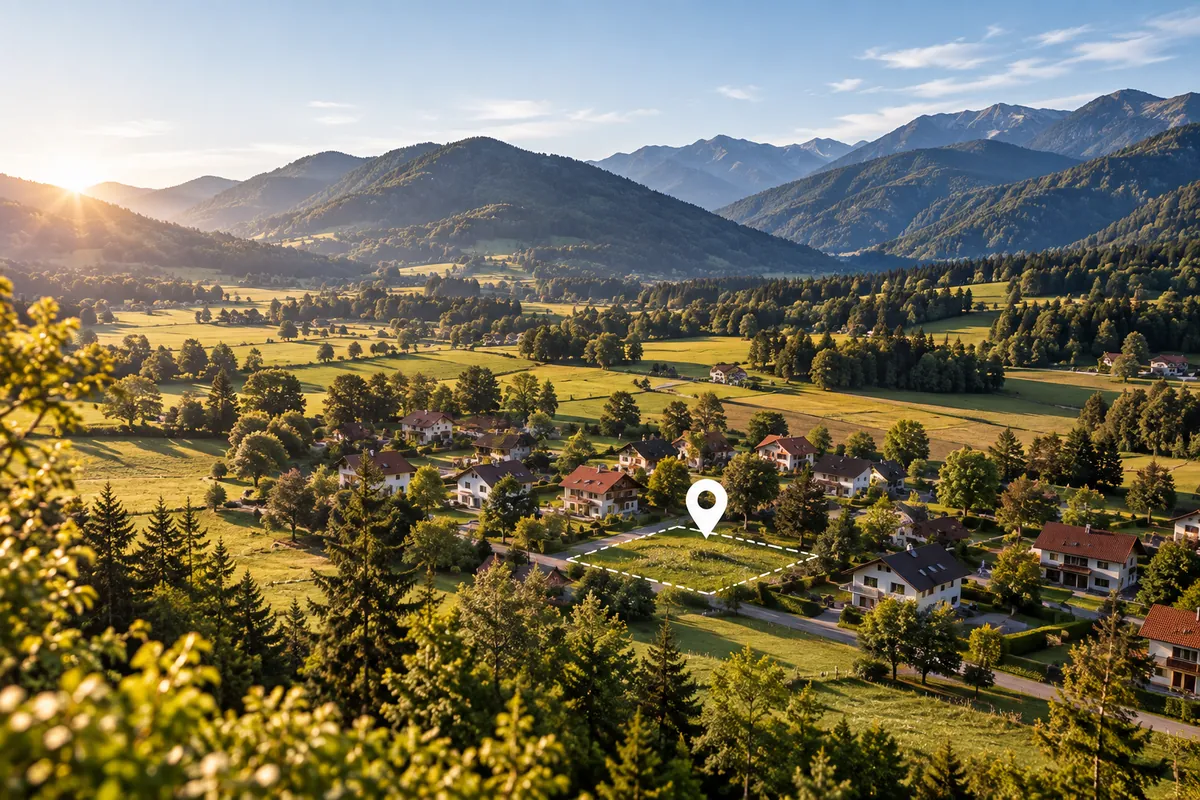 Tal mit Ortschaft und markiertem Standort in einer Berglandschaft