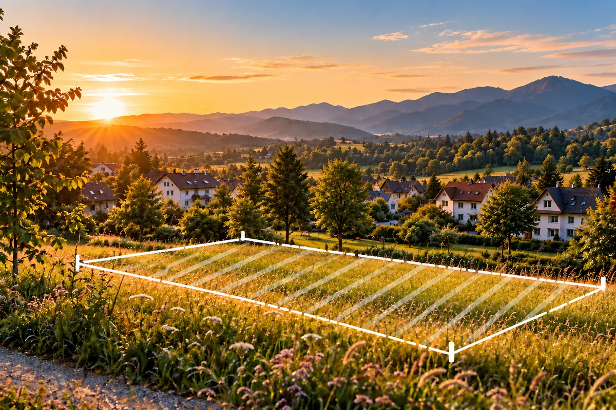 Abgestecktes Wiesengrundstück am Ortsrand vor Bergen bei Sonnenuntergang