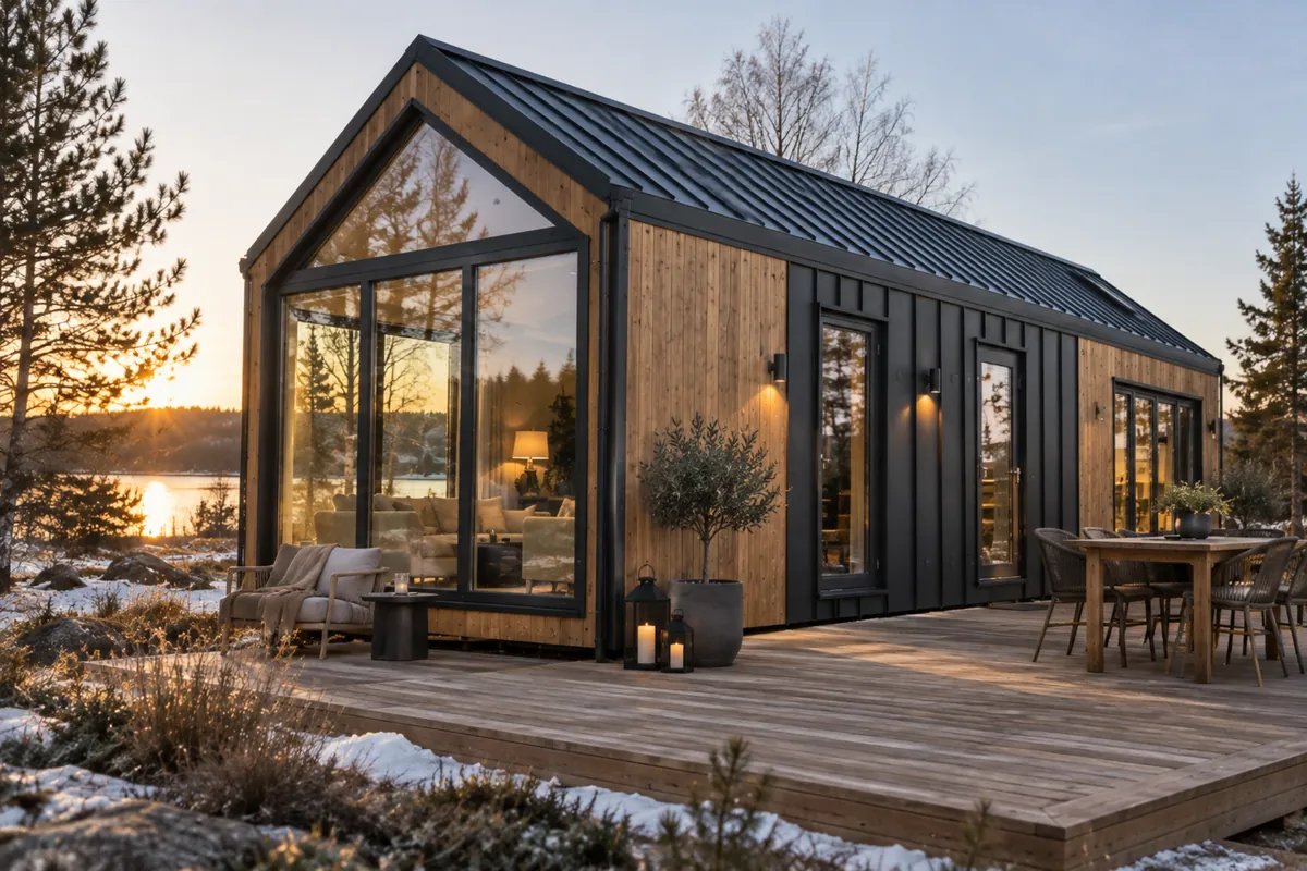 LEOLOFT-Haus mit Holzterrasse auf einem Grundstück im Winterabendlicht
