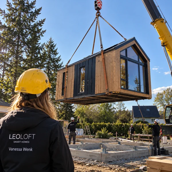 Schritt 05: LEOLOFT-Haus hängt am Kran über dem Fundament