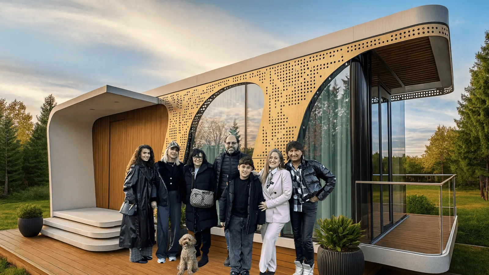 Gruppenfoto vor einem modernen Haus mit Holzterrasse