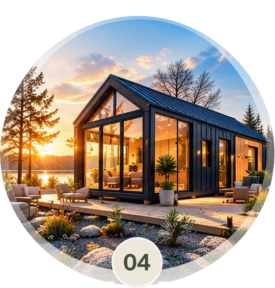 Schritt 04: LEOLOFT-Haus mit großer Glasfront und Terrasse im Abendlicht
