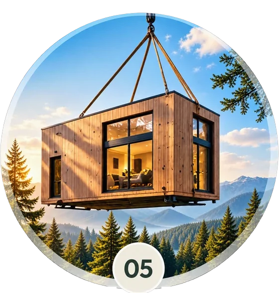 Schritt 05: Hausmodul hängt am Kran über einer Waldlandschaft
